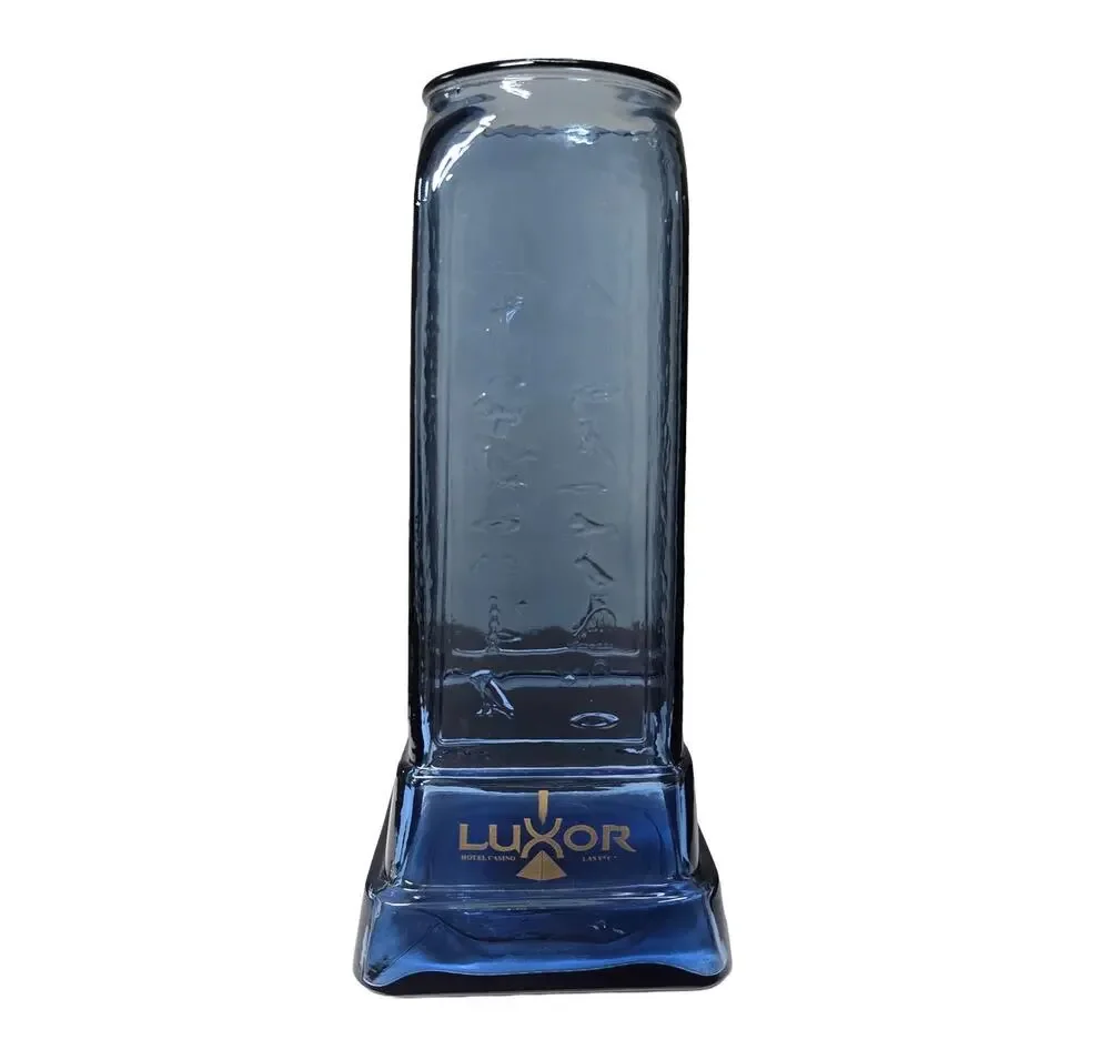 Vintage 1990 Luxor Hotel Casino Las Vegas Blue Glass Hieroglyphics Souvenir Vase